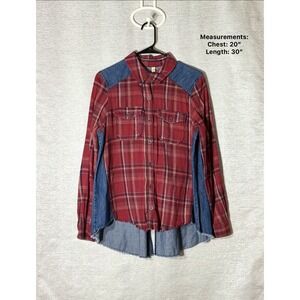 Free People Road Trip Getaway Red Plaid Flannel & Denim Button Down Shirt Medium